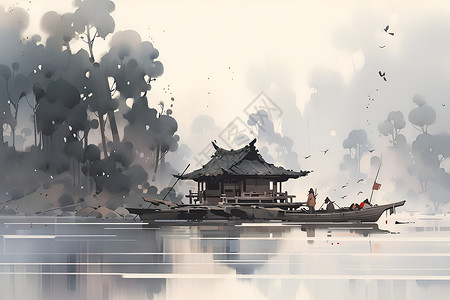 湖中雾气浓密木船背景图片