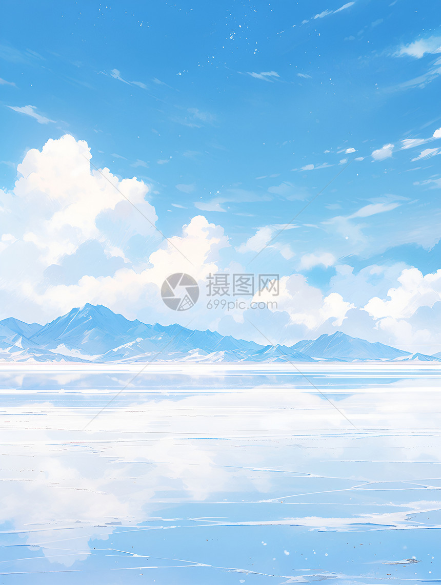 白云和湖泊图片