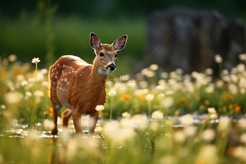 花草绿野中的鹿图片