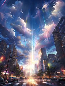 城市上的彩光和云朵背景图片