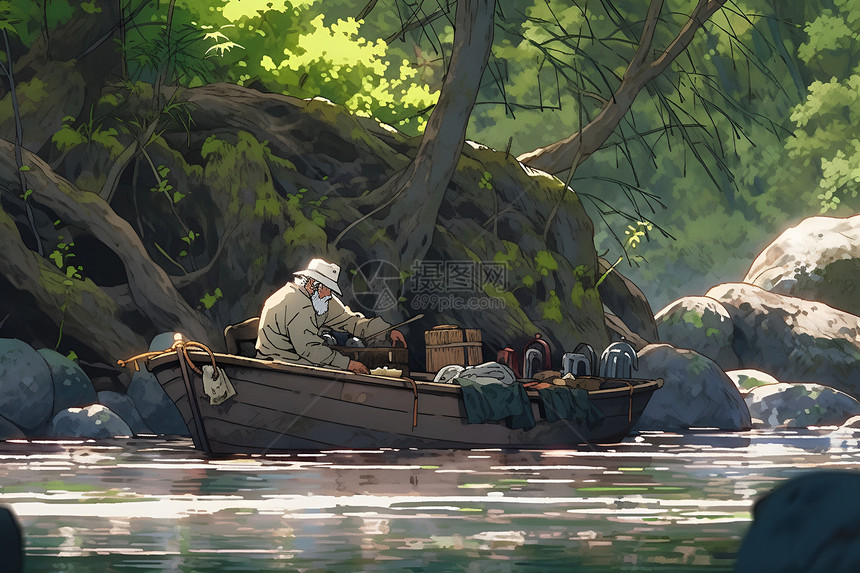 年迈的钓鱼者在渔船上图片