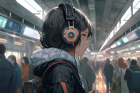 戴着耳机的人站在火车站台高清图片