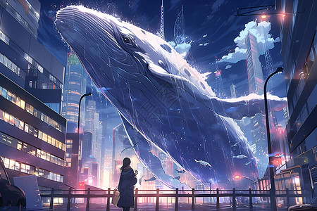 巨大的鲸鱼驶过城市背景图片