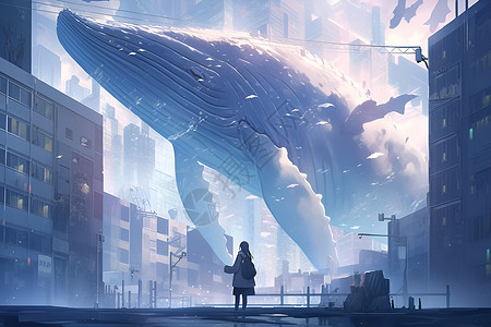 魔幻巨鲸驶过都市背景图片