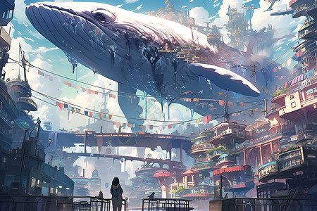 城市中的鲸鱼奇观背景图片