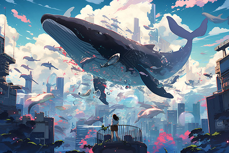 巨鲸飞越城市背景图片