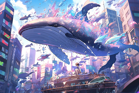 巨鲸穿破波涛绚丽的城市背景图片