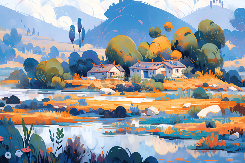 色彩斑斓的乡村风景画图片