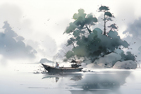 雾森林湖中漂浮的小船插画