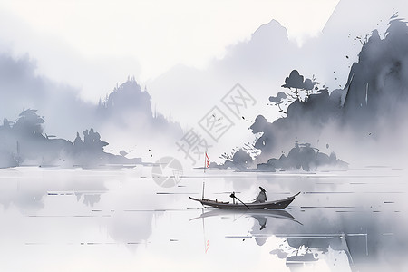 中国湖闲游湖水间对木船插画