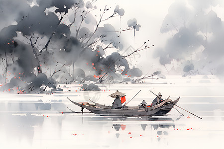 湖上烟雾缭绕的木船背景图片
