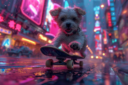 动感城市狗狗踏着滑板在城市夜色中插画