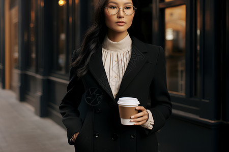 街道上手持咖啡的女人背景图片