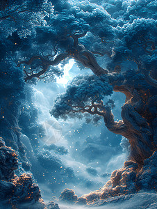 一颗蓝色的古树背景图片