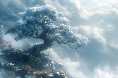 云海凌空挺立的盆景树高清图片
