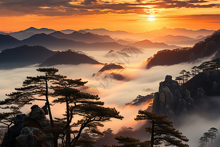 黄山背景夕阳下的黄山云海背景