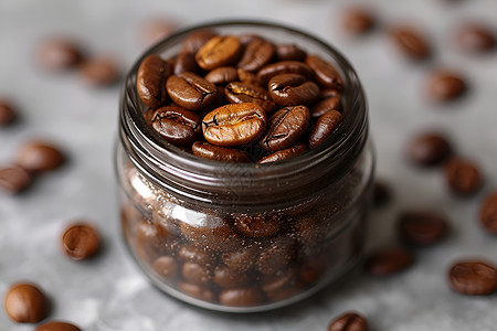 褐色的核玻璃杯里的咖啡豆背景