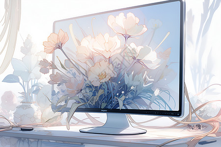 电脑花瓣印刷显示屏屏幕中的花朵插画