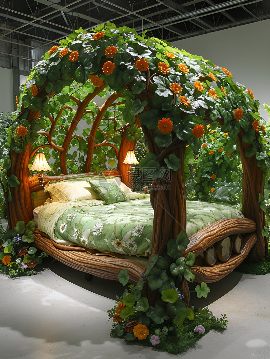 木头和花朵制成的床图片