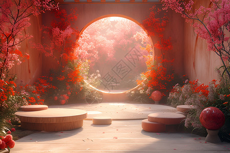红花圆窗的房间背景