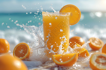 夏日沙滩上的橙汁背景图片