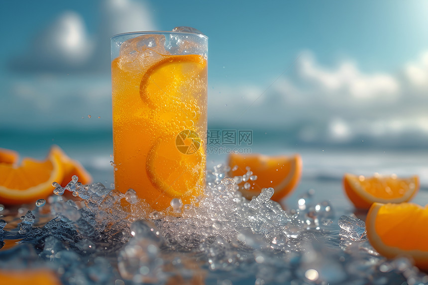 沙滩上的橙汁图片