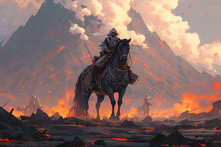 骑士的火山岩浆中的古代将军插画