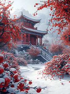 雪中的红墙背景图片