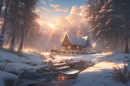 冬天的小屋背景图片