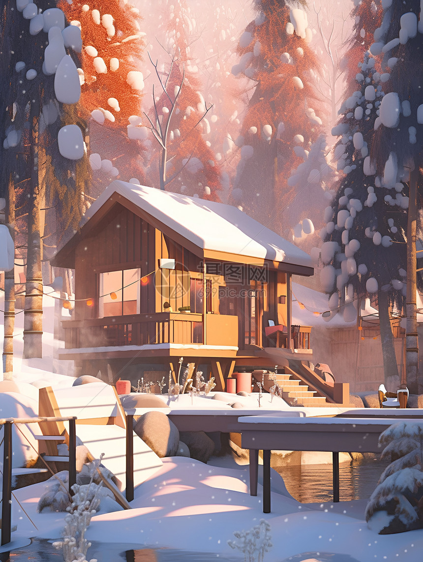 雪中的小木屋图片