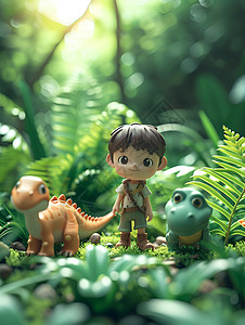 恐龙和小男孩丛林里的小男孩和恐龙插画