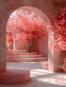 房间楼梯粉色花束与楼梯插画