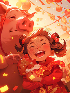 红肚兜猪少女与红猪插画