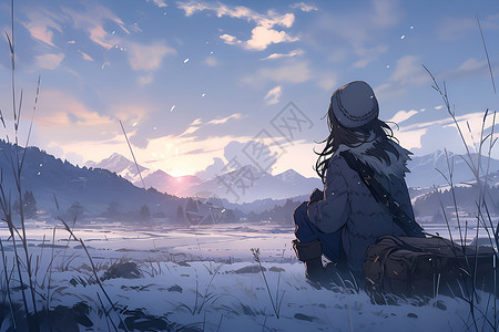 雪中人物寂寞雪景中的女子插画