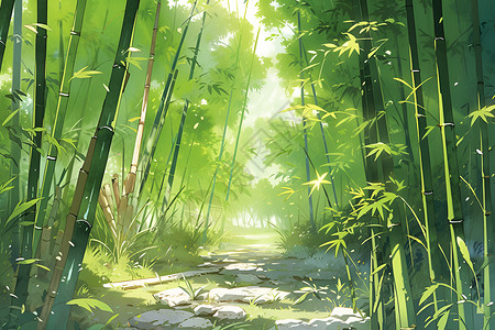 竹林绿色竹林中的风景插画