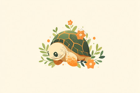 斯里兰卡海龟绿海龟在花海中插画