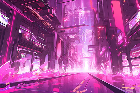 紫色荧光照亮的未来都市背景图片