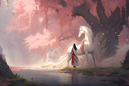 树木下的白马背景图片