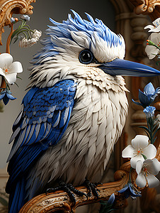 白小鸟素材花朵中蓝白相间的蜂鸟插画