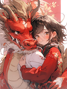 可爱女孩与红色中国龙背景图片