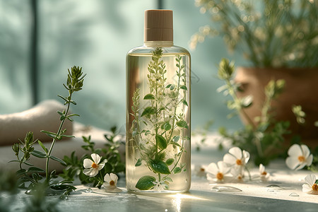 透明瓶子里的液体和花朵背景图片