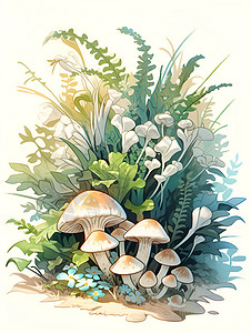 蘑菇与鲜花背景图片