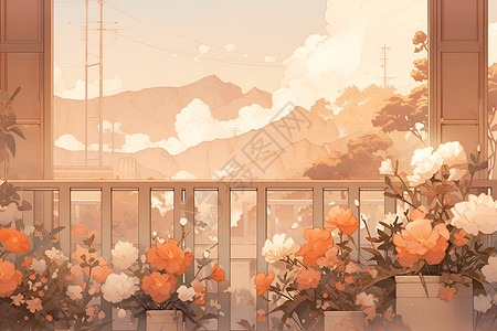 阳台家居迷雾中的花海阳台插画