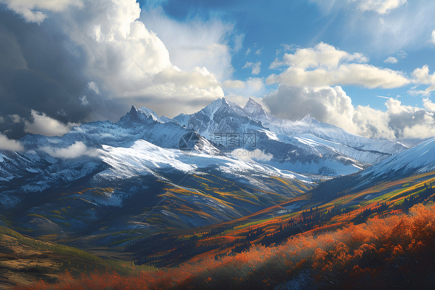 雪山前的秋景图片