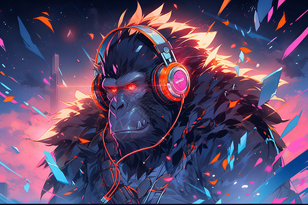 嘻哈音乐霓虹绘画中的音乐猩猩插画