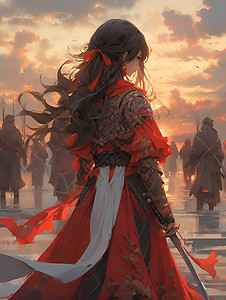 红色长裙的女战士背景图片