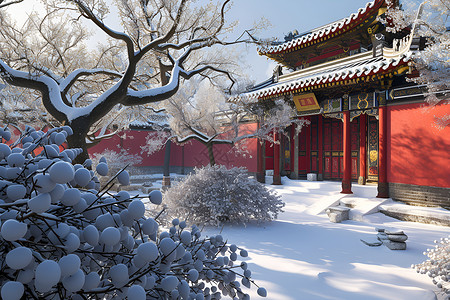 白雪皑皑红墙雪景背景图片