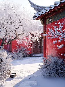 冬日红墙下的雪景背景图片