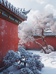 中国宫殿中的雪景红墙背景图片