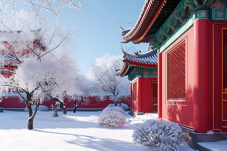 中国宫殿冬季雪景背景图片